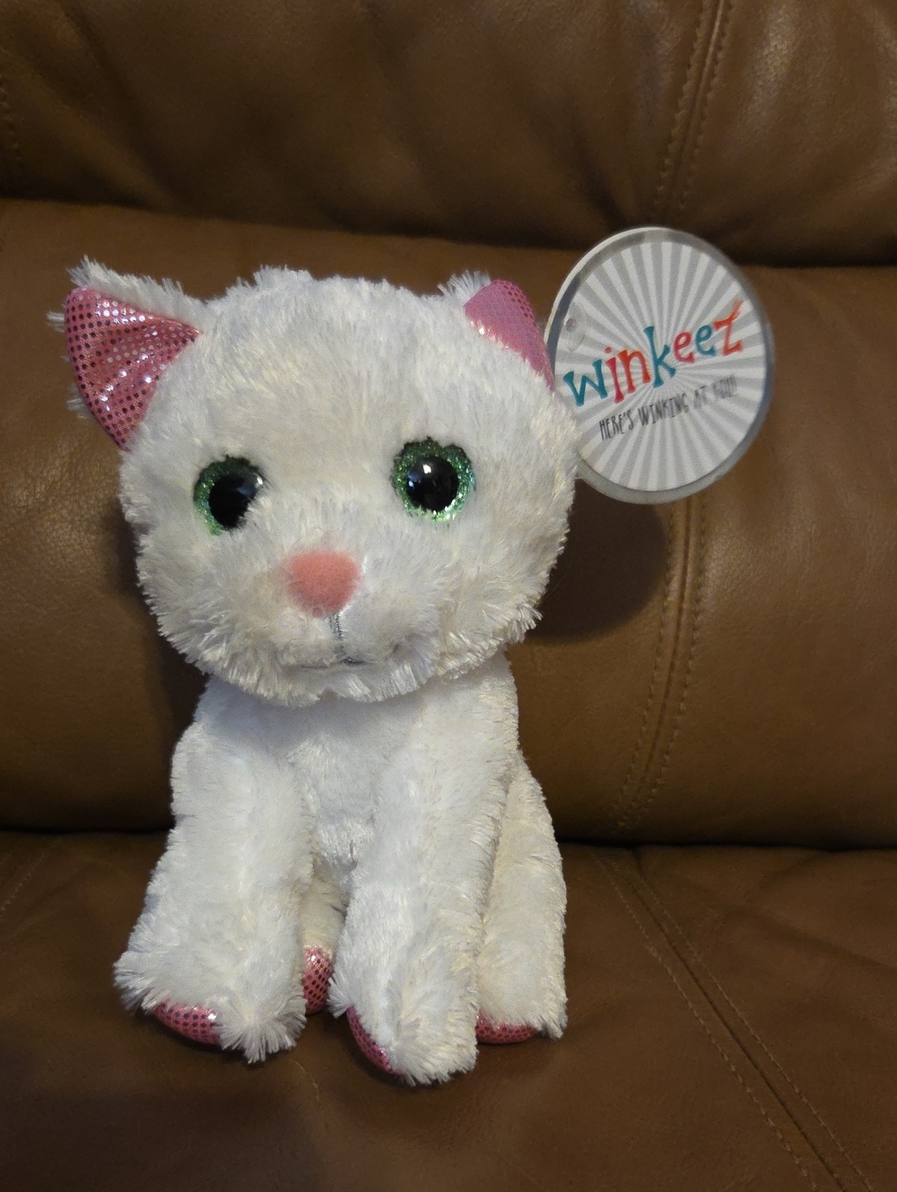 Winkeez White Plush Persian Cat Toy w Pink Sequin Accents and Green Sparkle Eyes